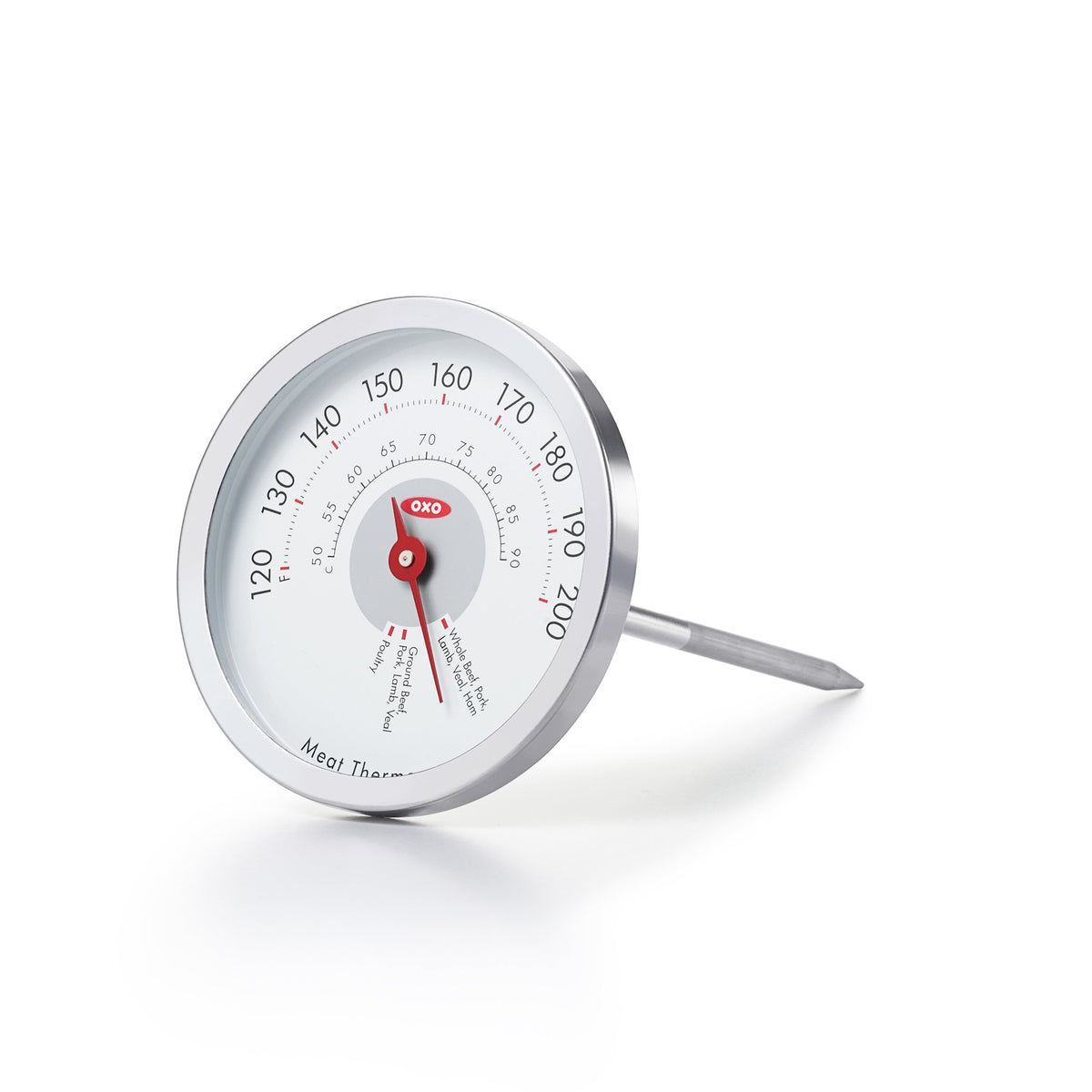 OXO Good Grips Chef's Precision analog leave-in thermometer in oven for precise meat temps while roasting