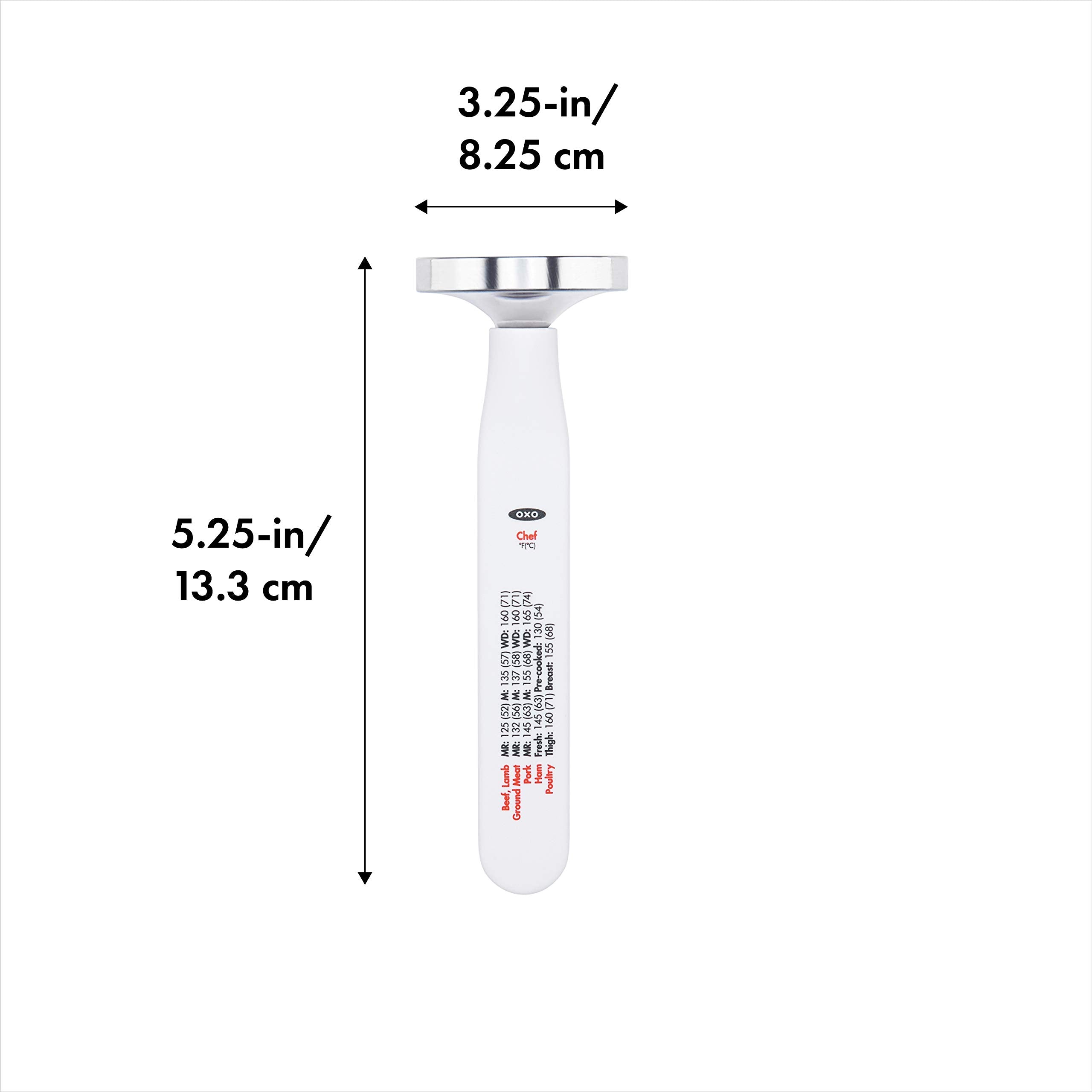 OXO Good Grips Chef's Precision analog thermometer with probe cover shows temperature guides for quick reference
