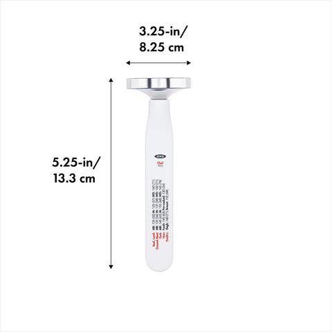 OXO Good Grips Chef's Precision analog thermometer with probe cover shows temperature guides for quick reference