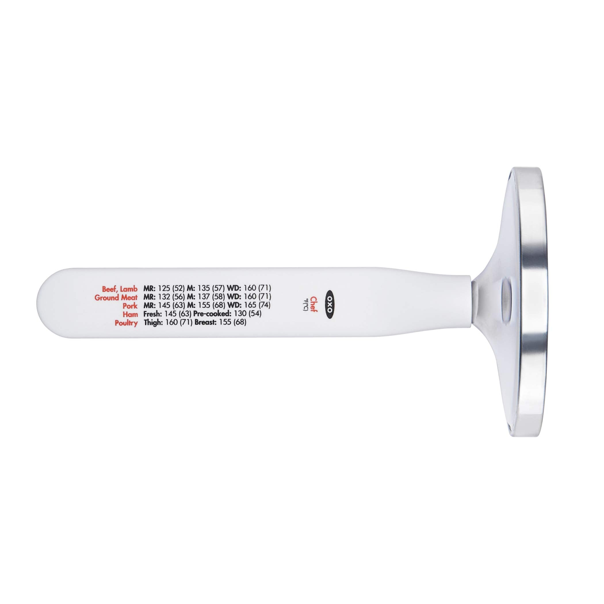 OXO Good Grips Chef's Precision analog thermometer showing USDA and chef temps on the probe cover