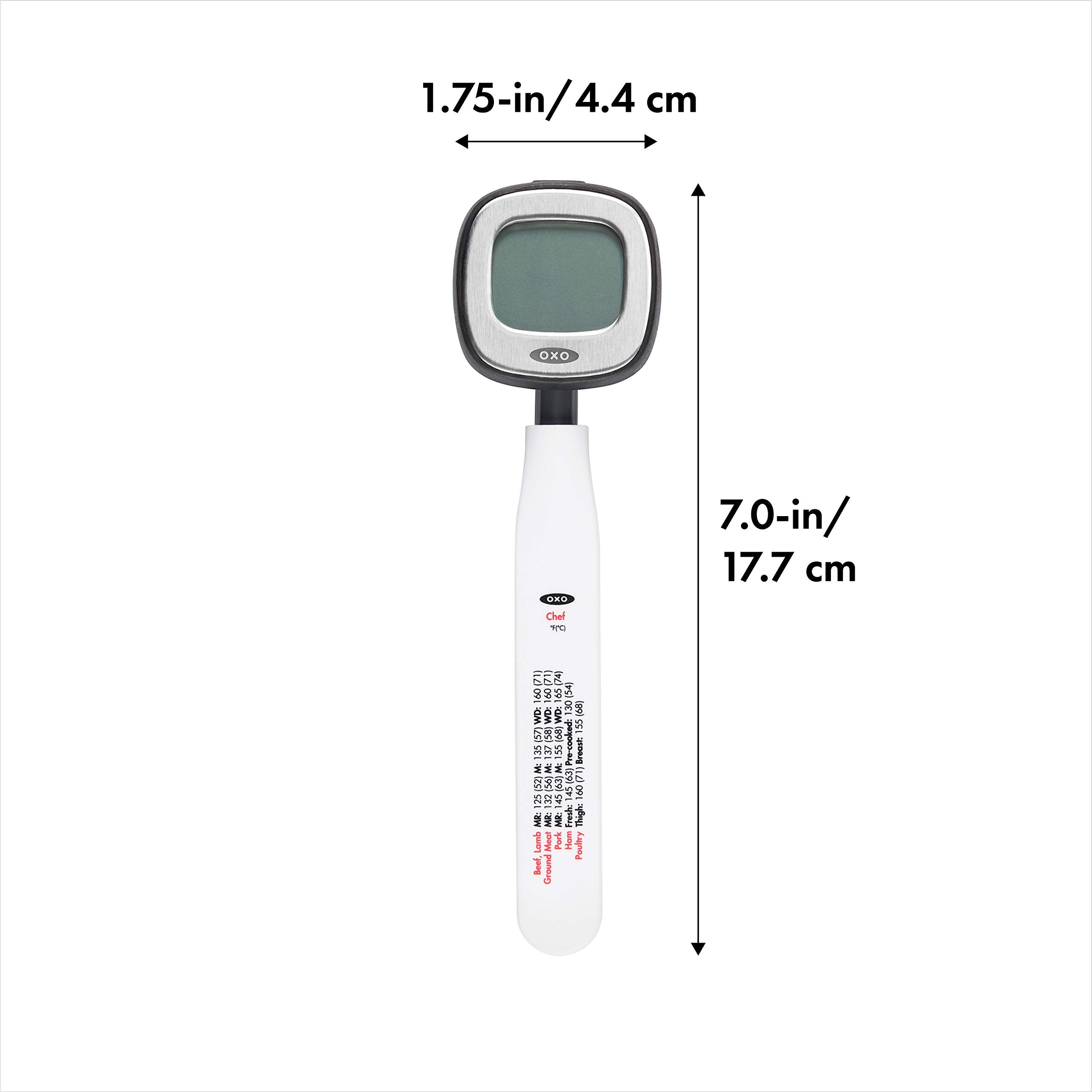 Oxo Good Grips thermometer pivot head reads from any angle for easy monitoring.