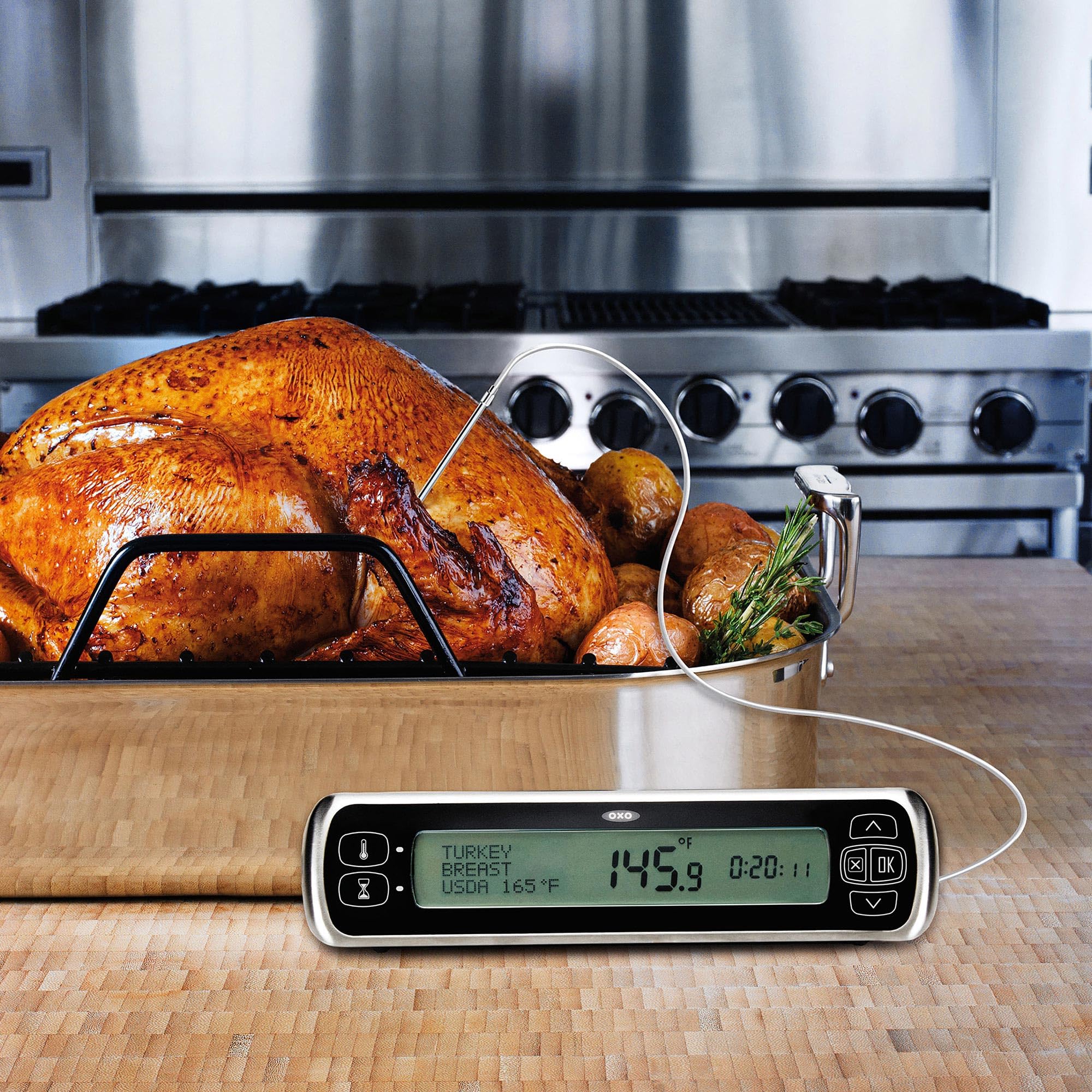 OXO Good Grips thermometer alerts at 10 degrees to prevent overcooking