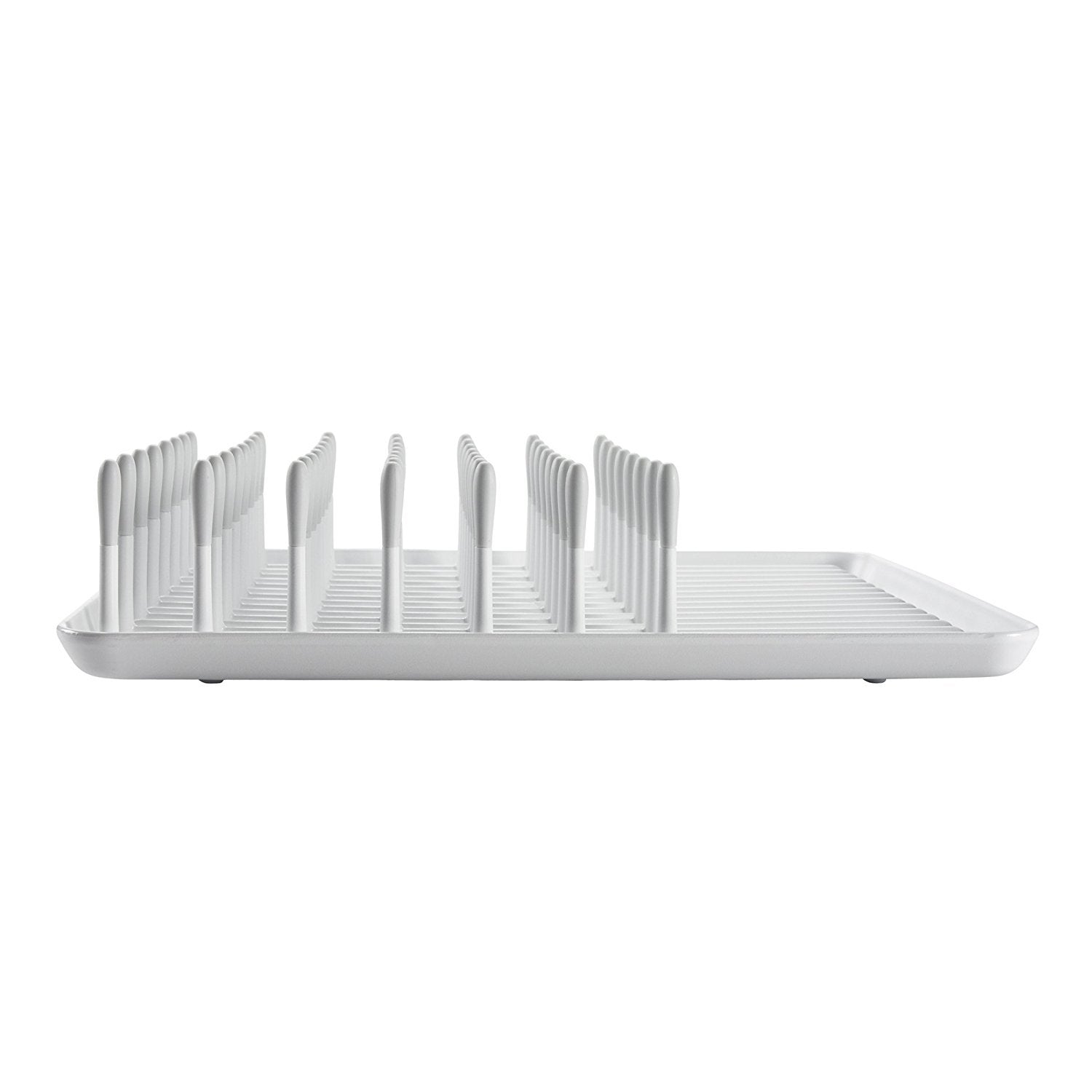 OXO Good Grips compact dish rack biscuit non-skid feet stabilize on counters.