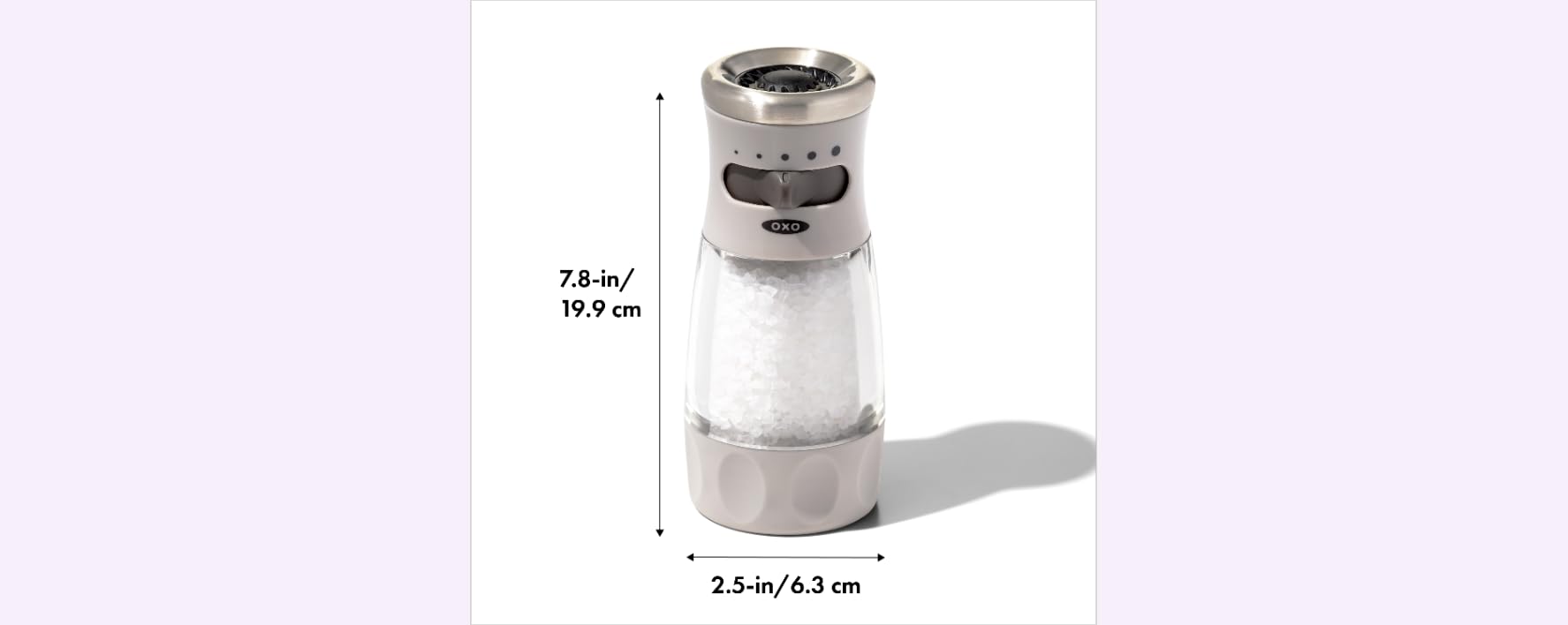 OXO Good Grips salt grinder arrives pre-filled with coarse salt for immediate use.