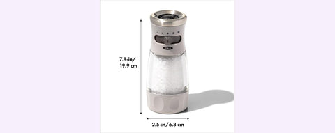 OXO Good Grips salt grinder arrives pre-filled with coarse salt for immediate use.