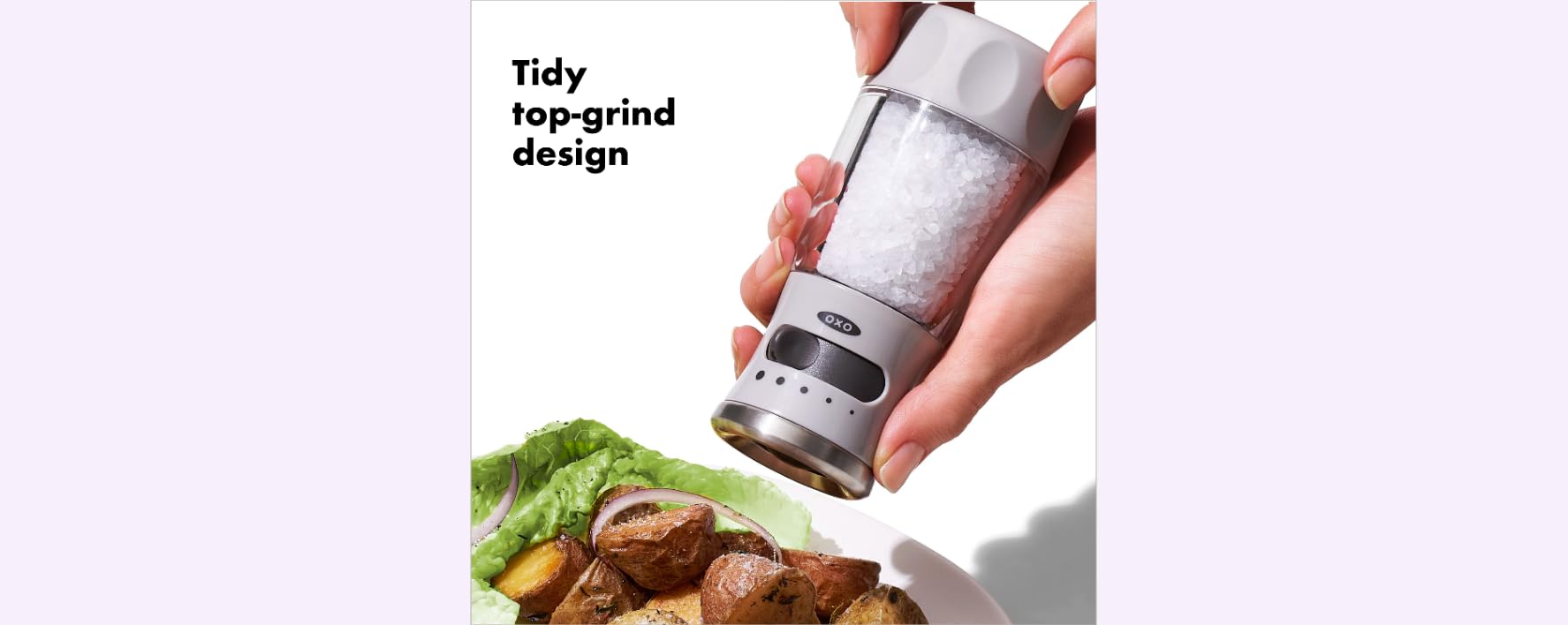 OXO Good Grips salt grinder side view with slide tab for precise grind levels.