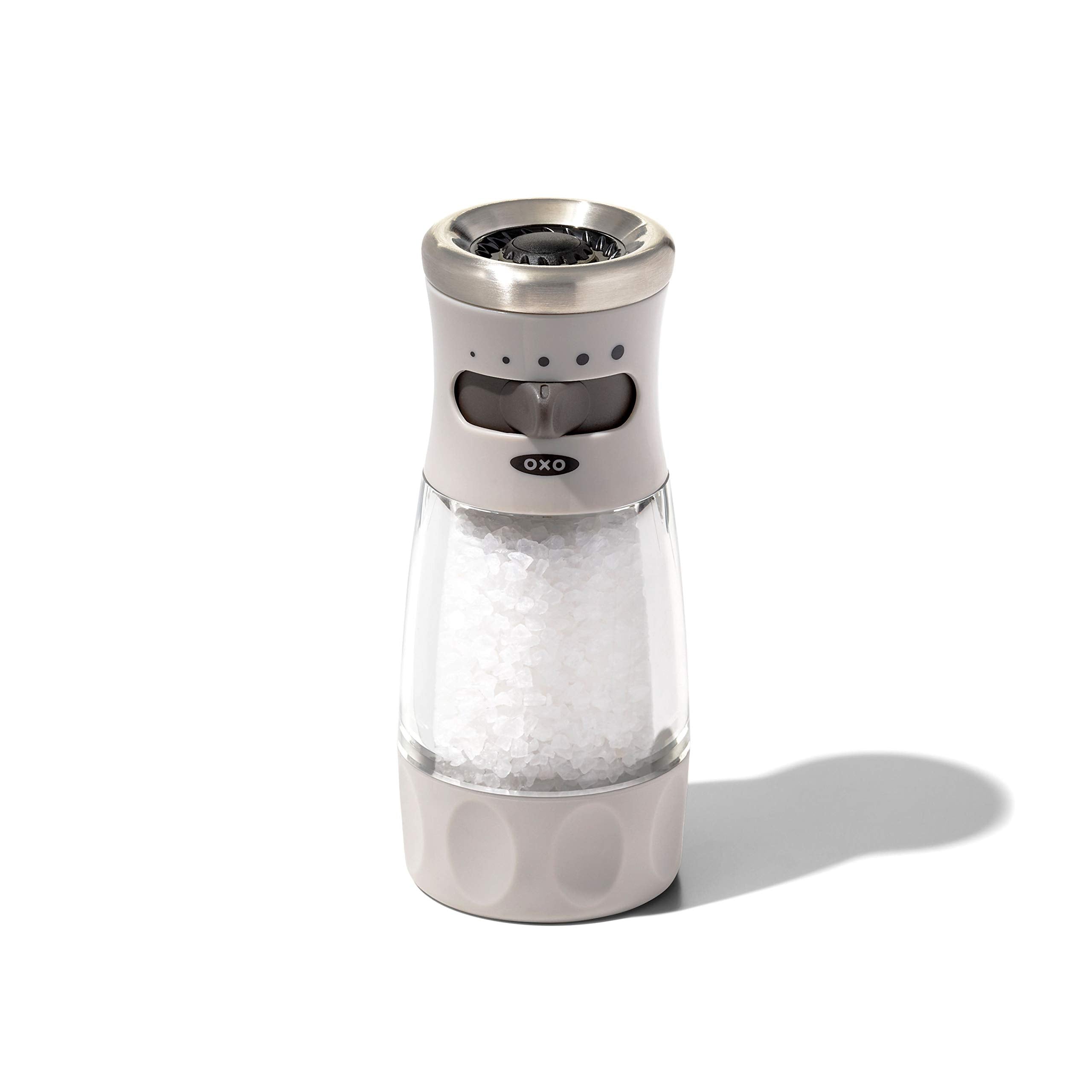 OXO Good Grips Contoured Salt Grinder gray top view ready for easy seasoning at table.