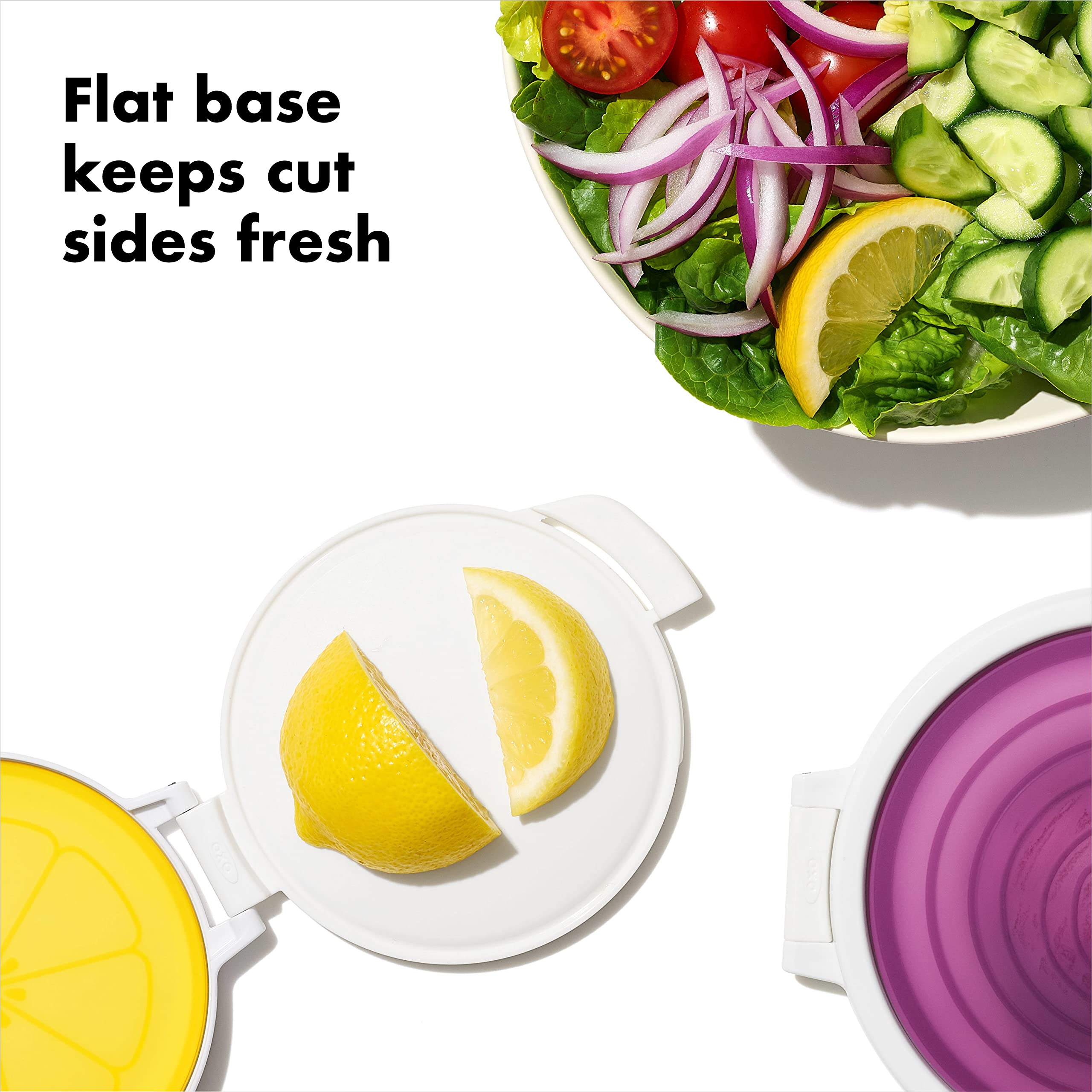 OXO Good Grips Cut & Keep silicone produce savers stacked in fridge save space