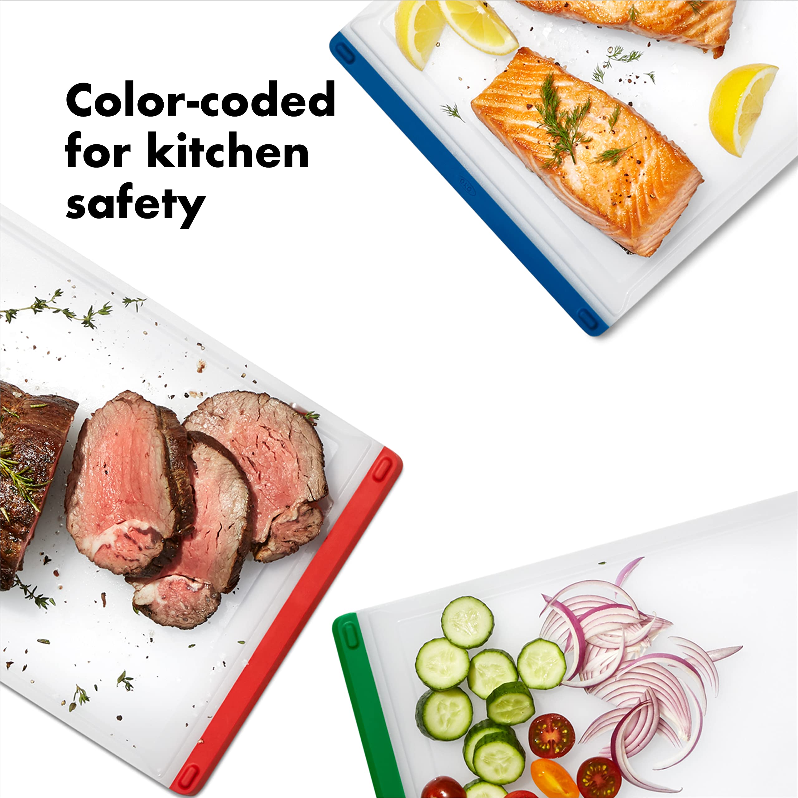 OXO Good Grips green cutting board keeps vegetables organized and mess-free.