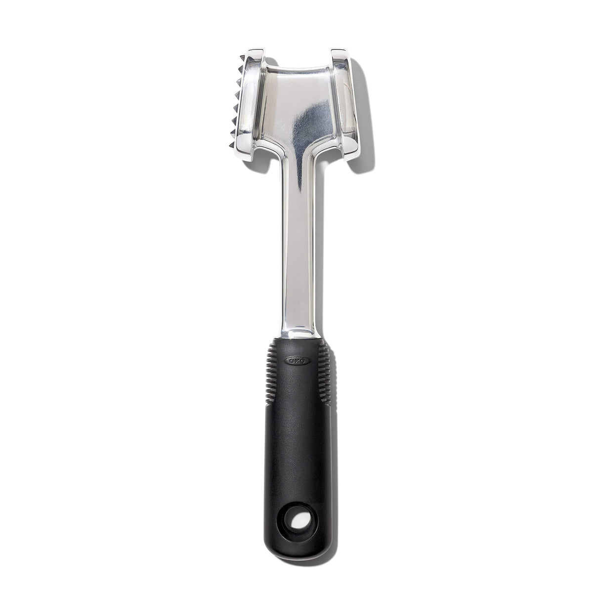 OXO Good Grips die-cast meat tenderizer front view shows durable construction for everyday use.