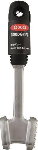 OXO Good Grips die-cast tenderizer angled head enables efficient pressing.