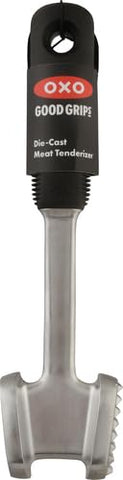 OXO Good Grips die-cast tenderizer angled head enables efficient pressing.