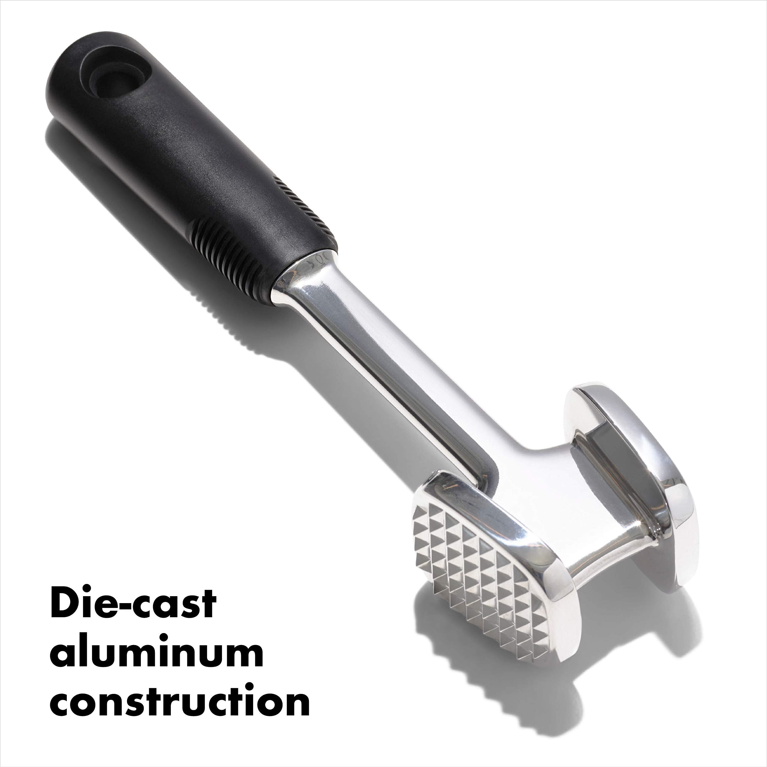 OXO Good Grips die-cast tenderizer teeth side emphasizes pyramid teeth for tenderizing.