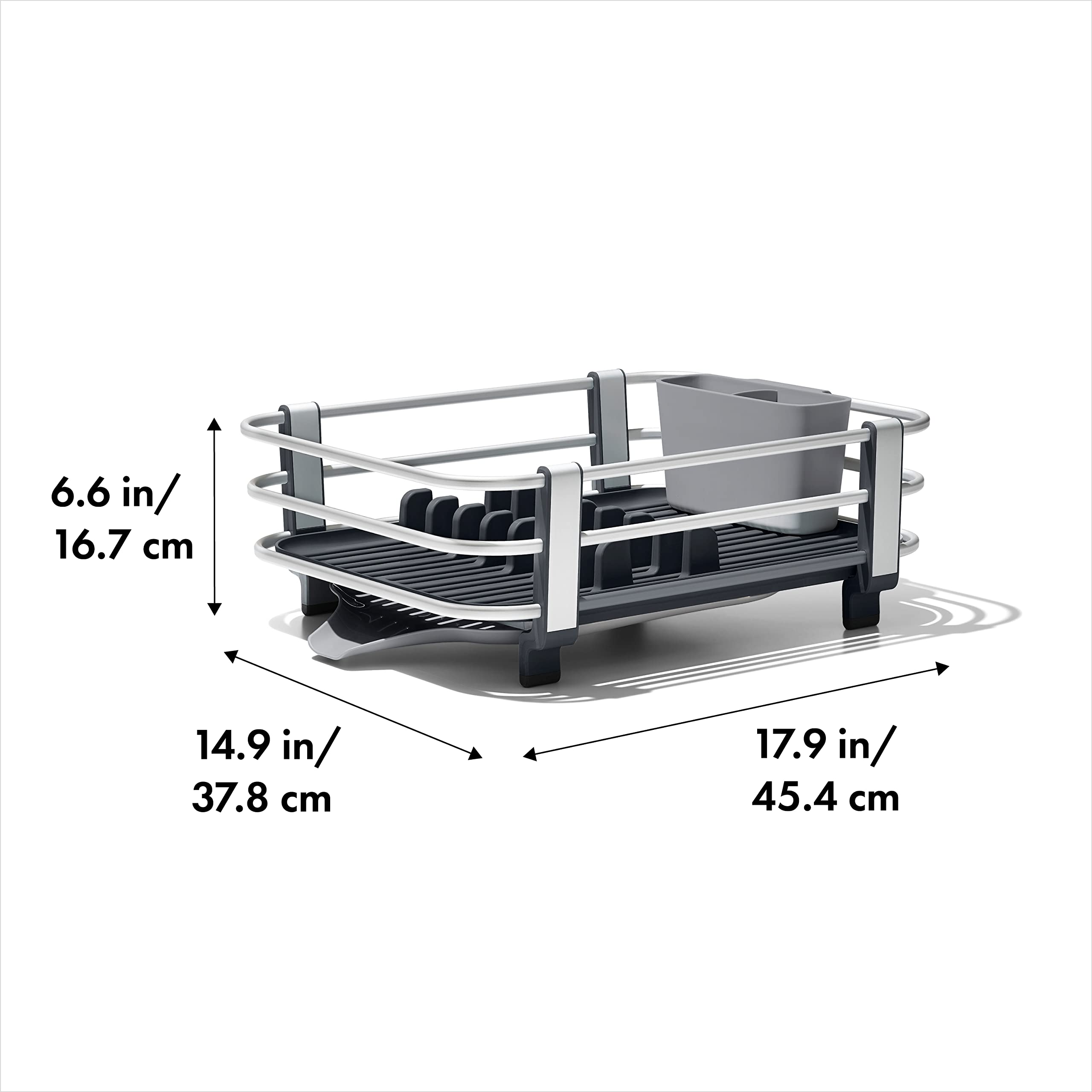 OXO Good Grips dish rack with plate holders supports upright drying of plates and bowls.