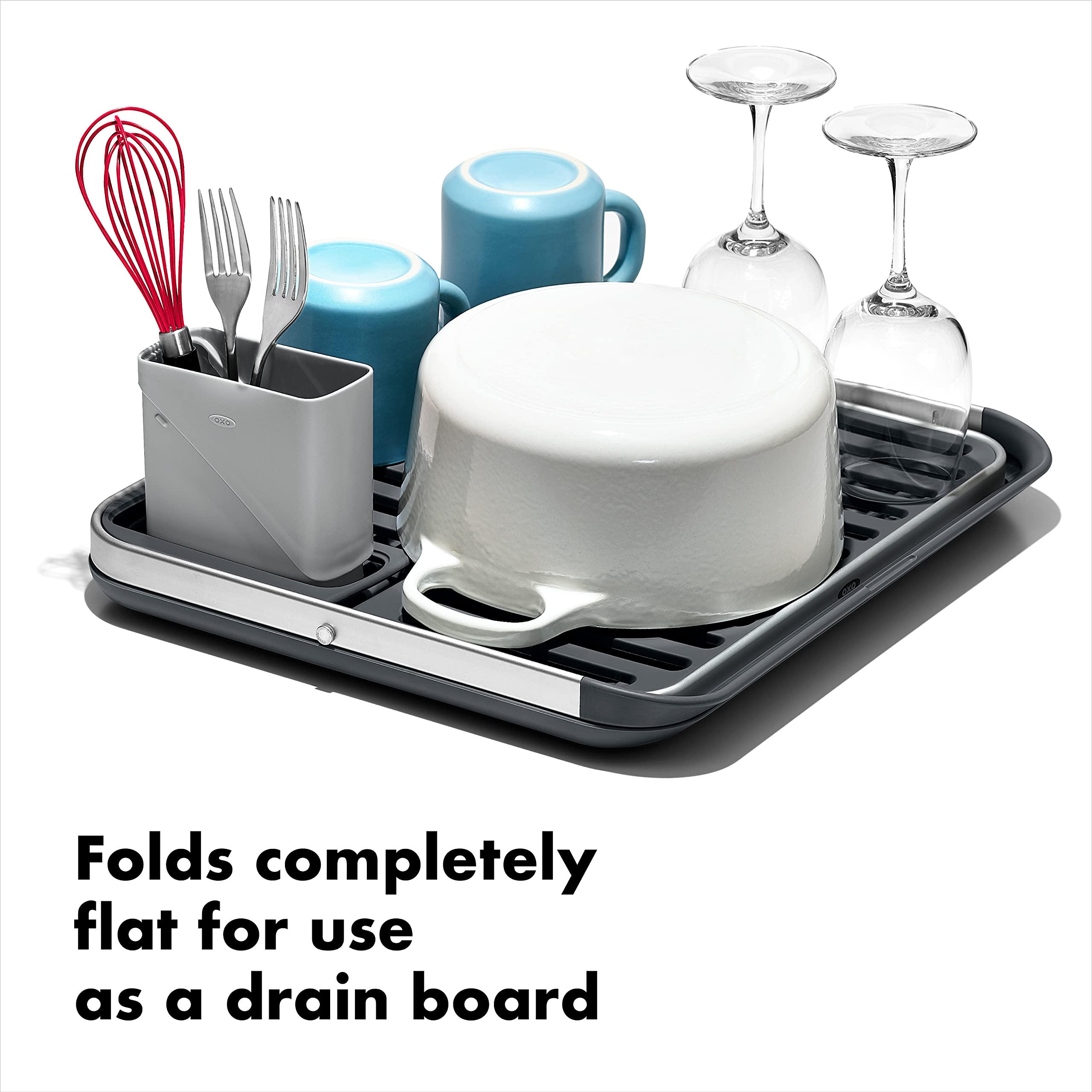 OXO Good Grips two-tier rack provides spacious drying for varied dish sizes