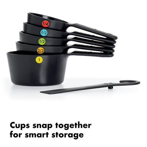 Dishwasher-safe OXO Good Grips cups simplify cleanup after cooking.