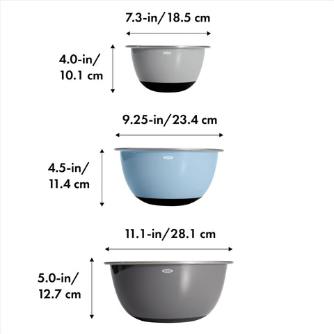 Dishwasher-safe OXO Good Grips stainless bowls for easy cleanup