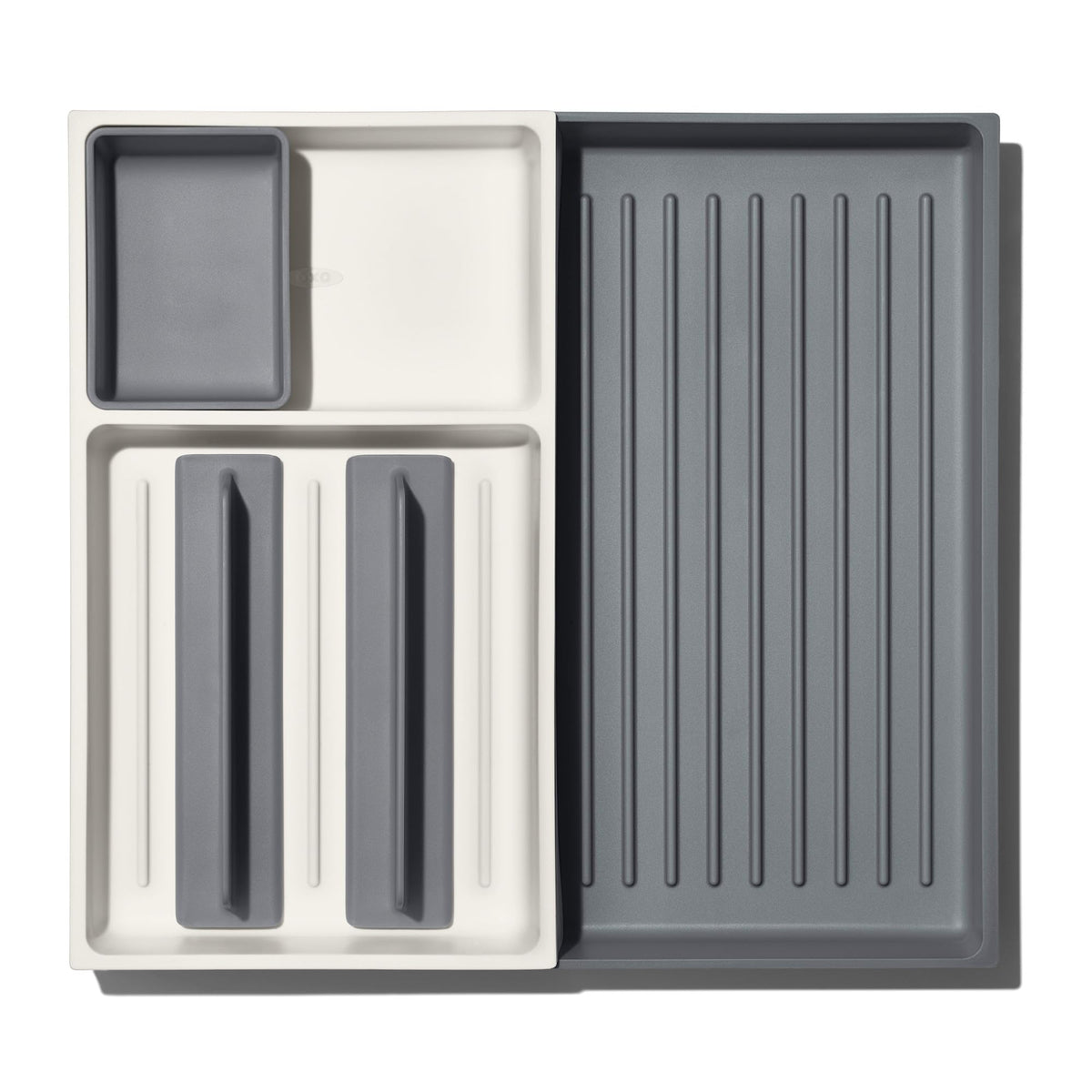 OXO Good Grips drawer organizer highlighting a large open area for long utensils