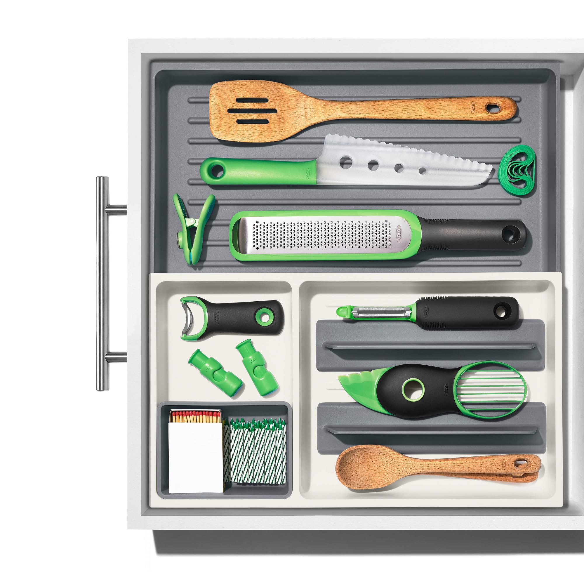 OXO Good Grips drawer organizer features non-slip feet for stable use