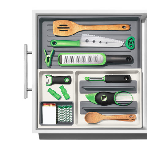 OXO Good Grips drawer organizer features non-slip feet for stable use