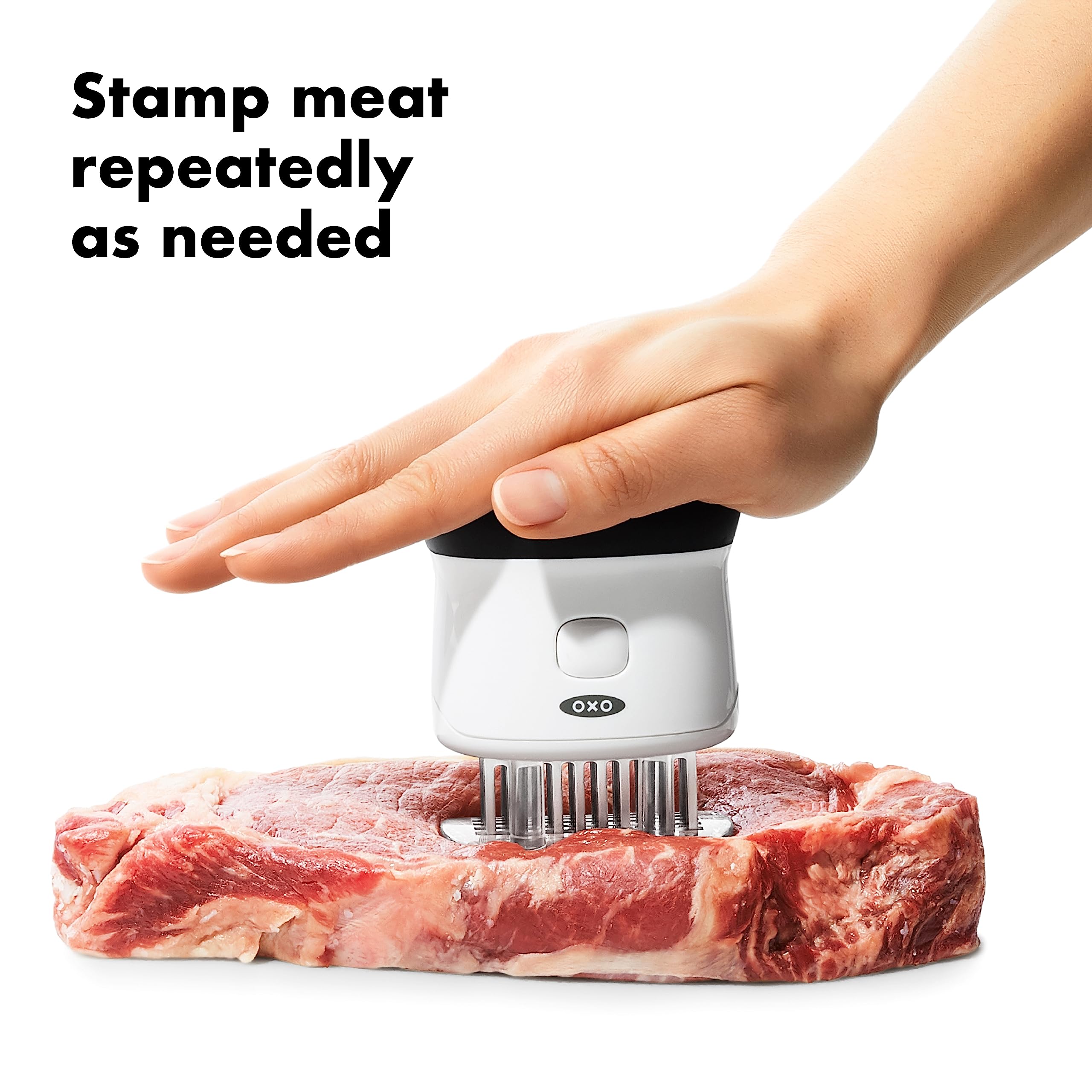 OXO Good Grips clear base demonstrates blade coverage and guided tenderizing