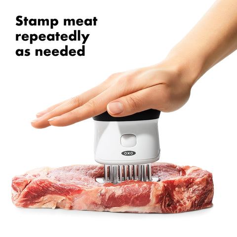 OXO Good Grips clear base demonstrates blade coverage and guided tenderizing