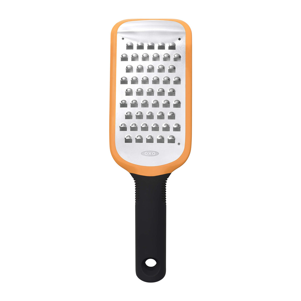 OXO Good Grips etched coarse grater with orange handle for comfortable, fast grating.