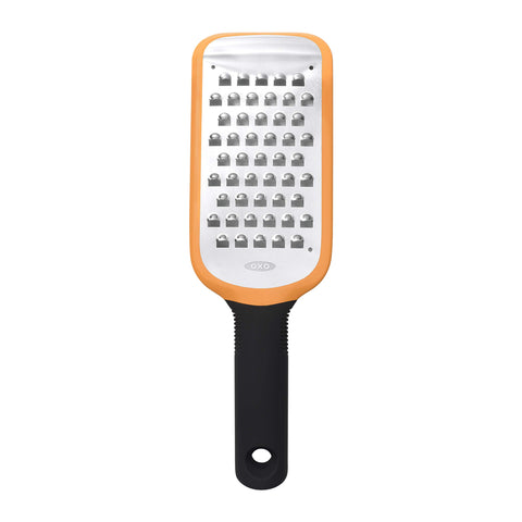 OXO Good Grips etched coarse grater with orange handle for comfortable, fast grating.