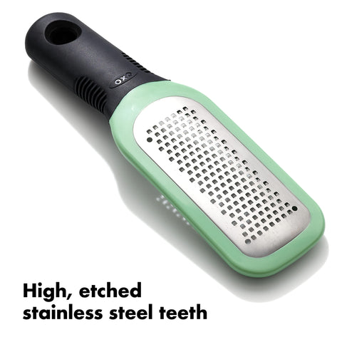 OXO Good Grips etched grater with snap-on cover keeps hands clean.