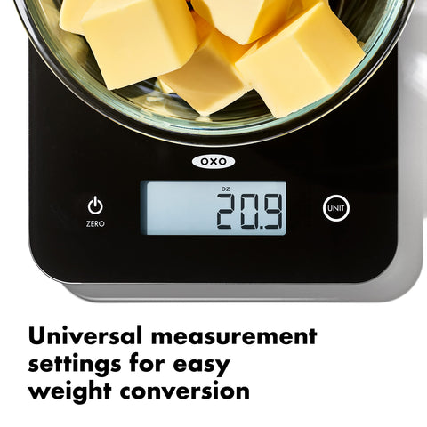 OXO Good Grips Everyday Glass Scale includes four AAA batteries for immediate use.