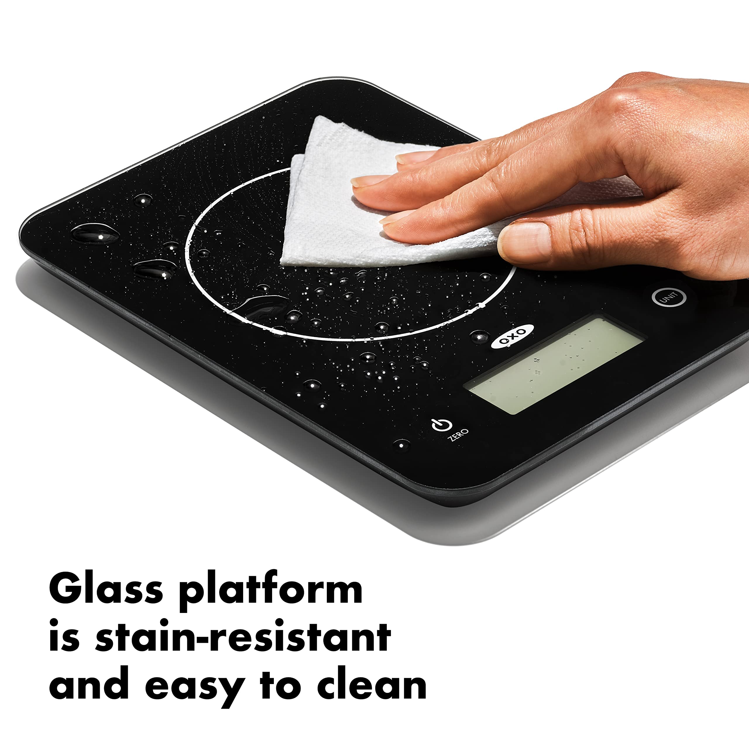 OXO Good Grips Everyday Glass Scale glass platform resists stains and wipes clean.