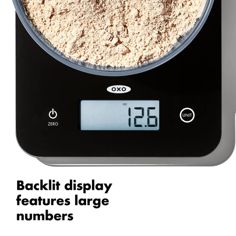 OXO Good Grips Everyday Glass Scale unit conversion helps measure in oz, g, ml.
