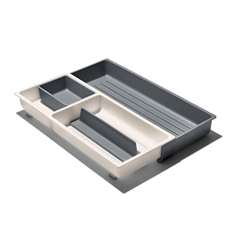 OXO Good Grips expandable organizer with adjustable dividers keeps long-handled tools neatly contained.