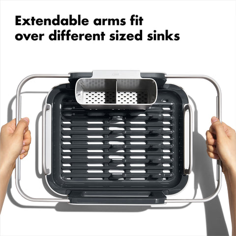 OXO Good Grips extendable rack simplifies kitchen organization and drying after meals.