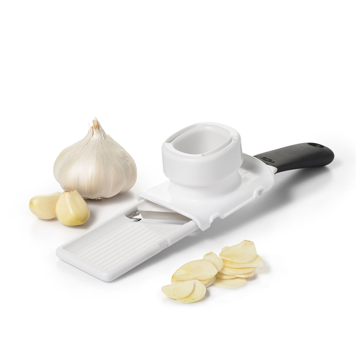 OXO Good Grips Garlic Slicer angled blade for even, thin slices