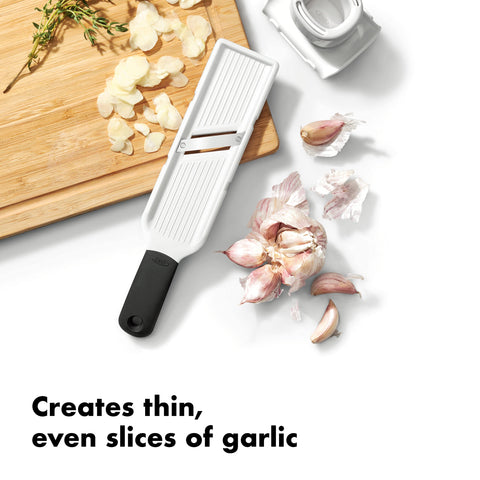 OXO Good Grips Garlic Slicer food holder snaps over blade for safe storage