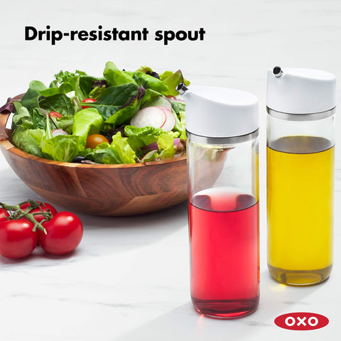 OXO glass body with stainless steel accents elevates table presentation.