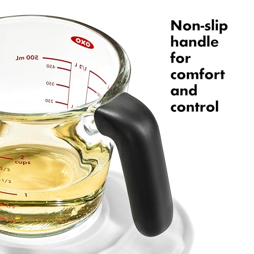 OXO Good Grips glass measuring cup showing dripless pour spout