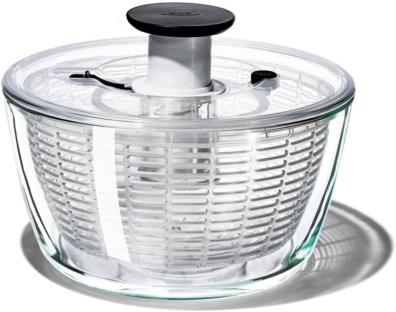 OXO Good Grips glass salad spinner bowl for durable serving and easy drying.