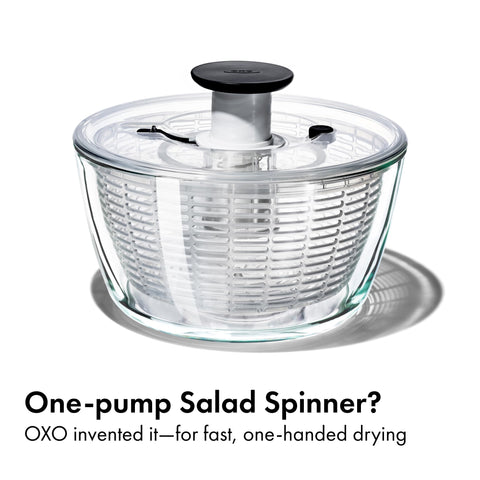 OXO Good Grips glass salad spinner pump enables one handed operation for convenience.
