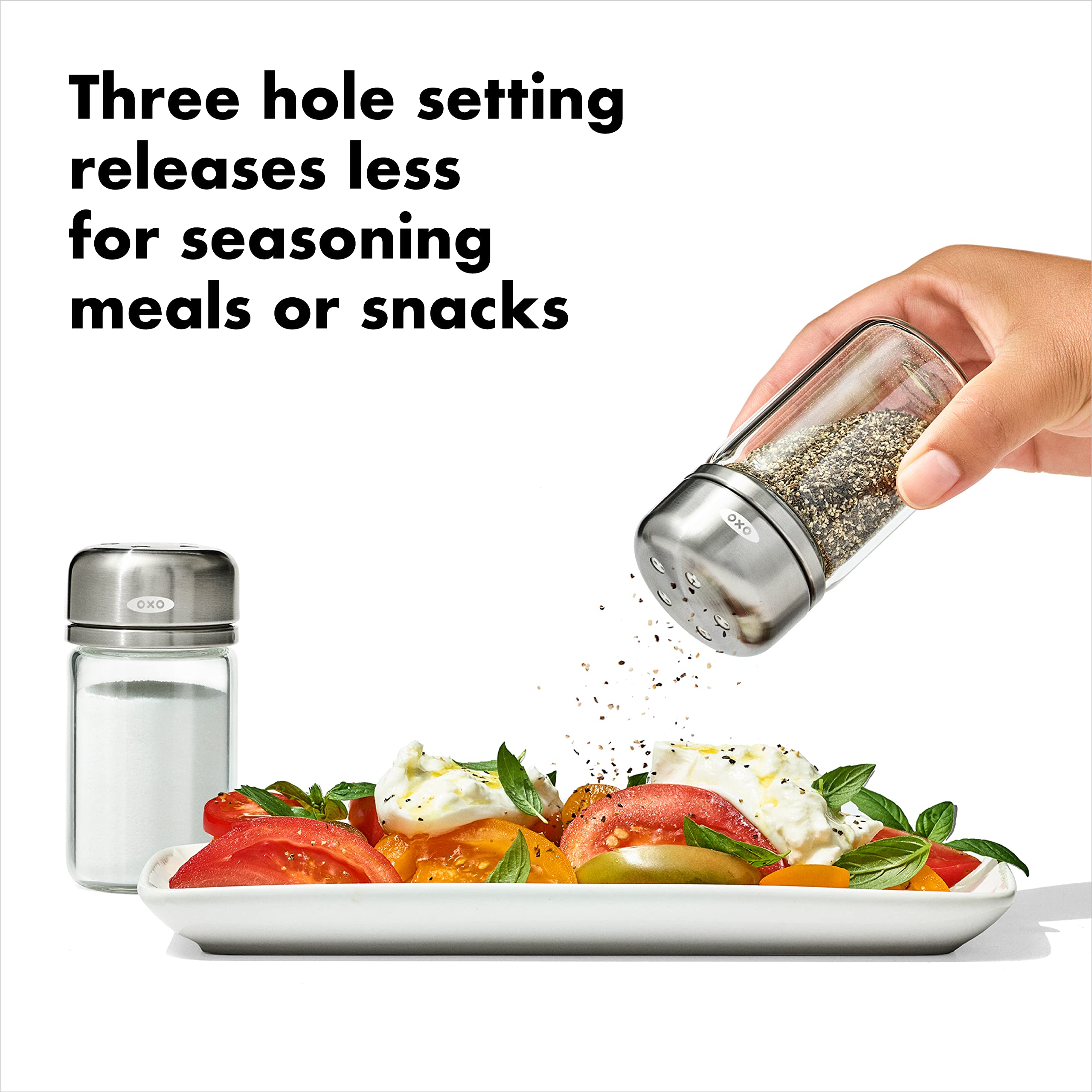 OXO Good Grips glass shaker features moisture-sealing lid to keep contents fresh.