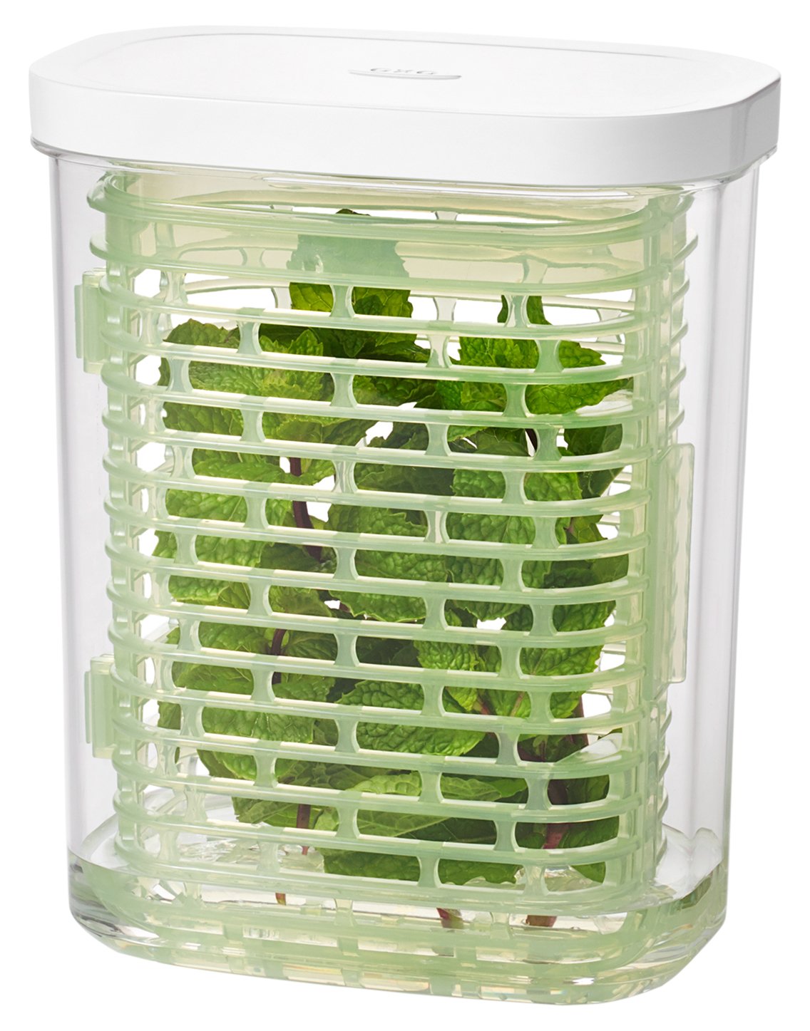 OXO Good Grips Greensaver on fridge shelf keeps herbs fresh