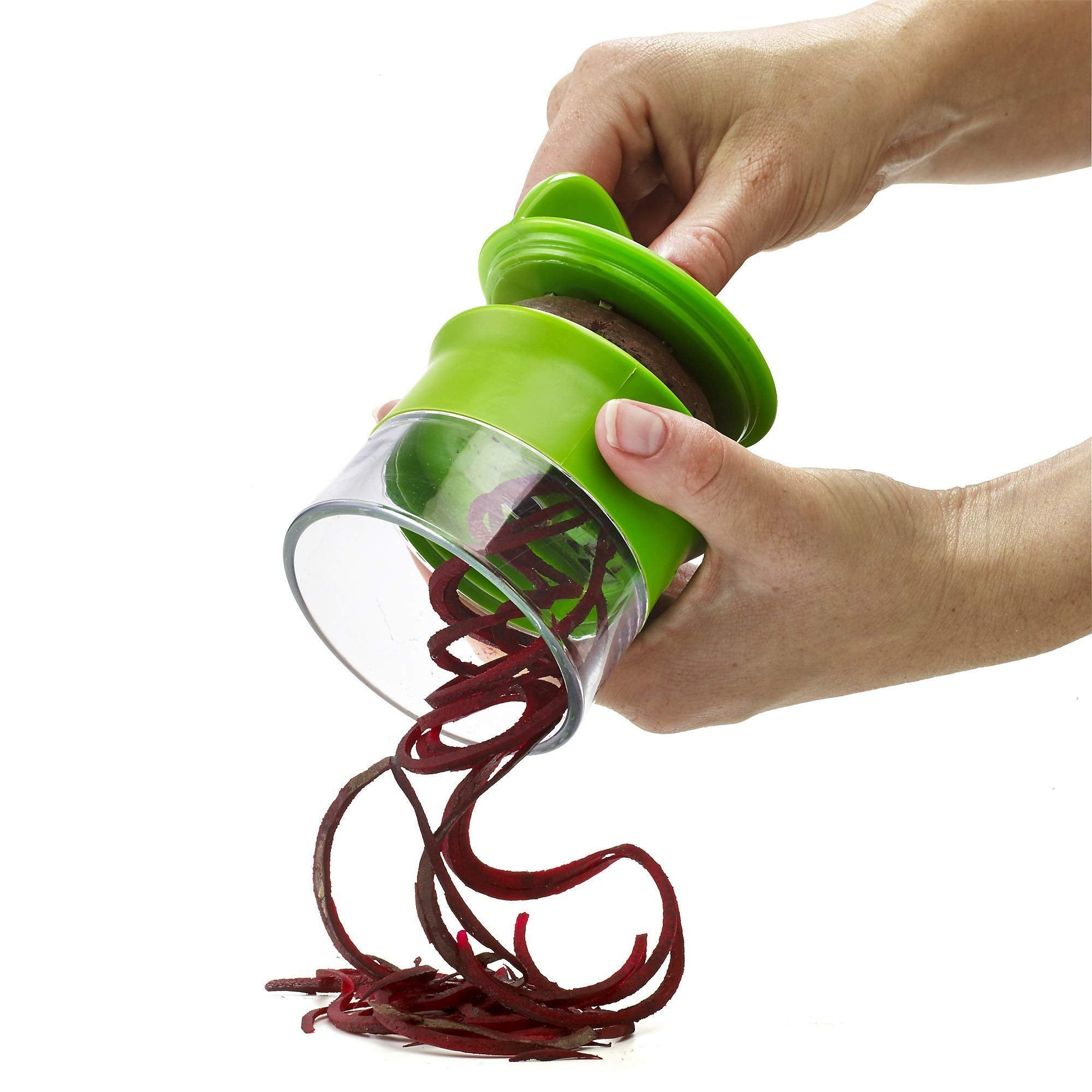 OXO Good Grips handheld spiralizer creates uniform vegetable noodles for quick, healthy meals.