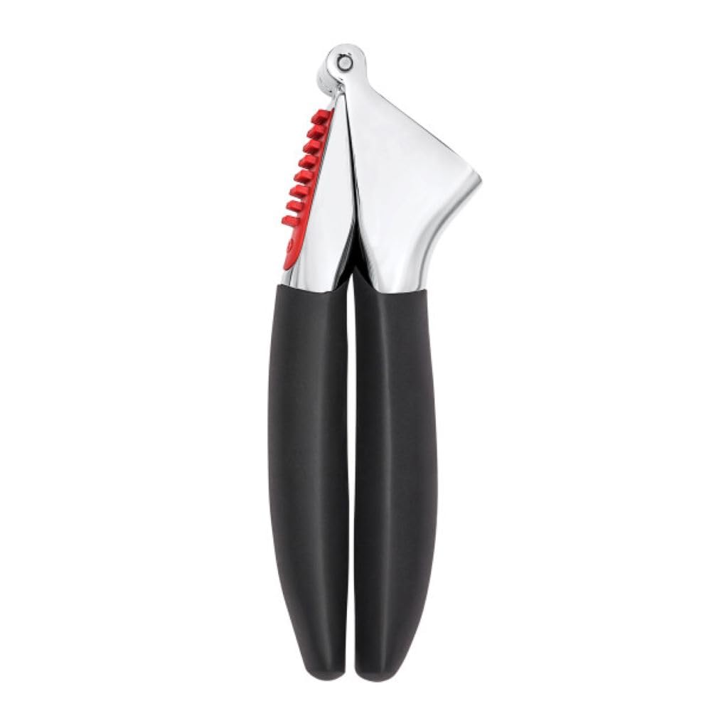OXO Good Grips garlic press front view with sturdy zinc body for quick garlic prep