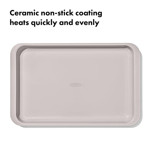 OXO Good Grips jelly roll pan ceramic coating close-up for effortless release