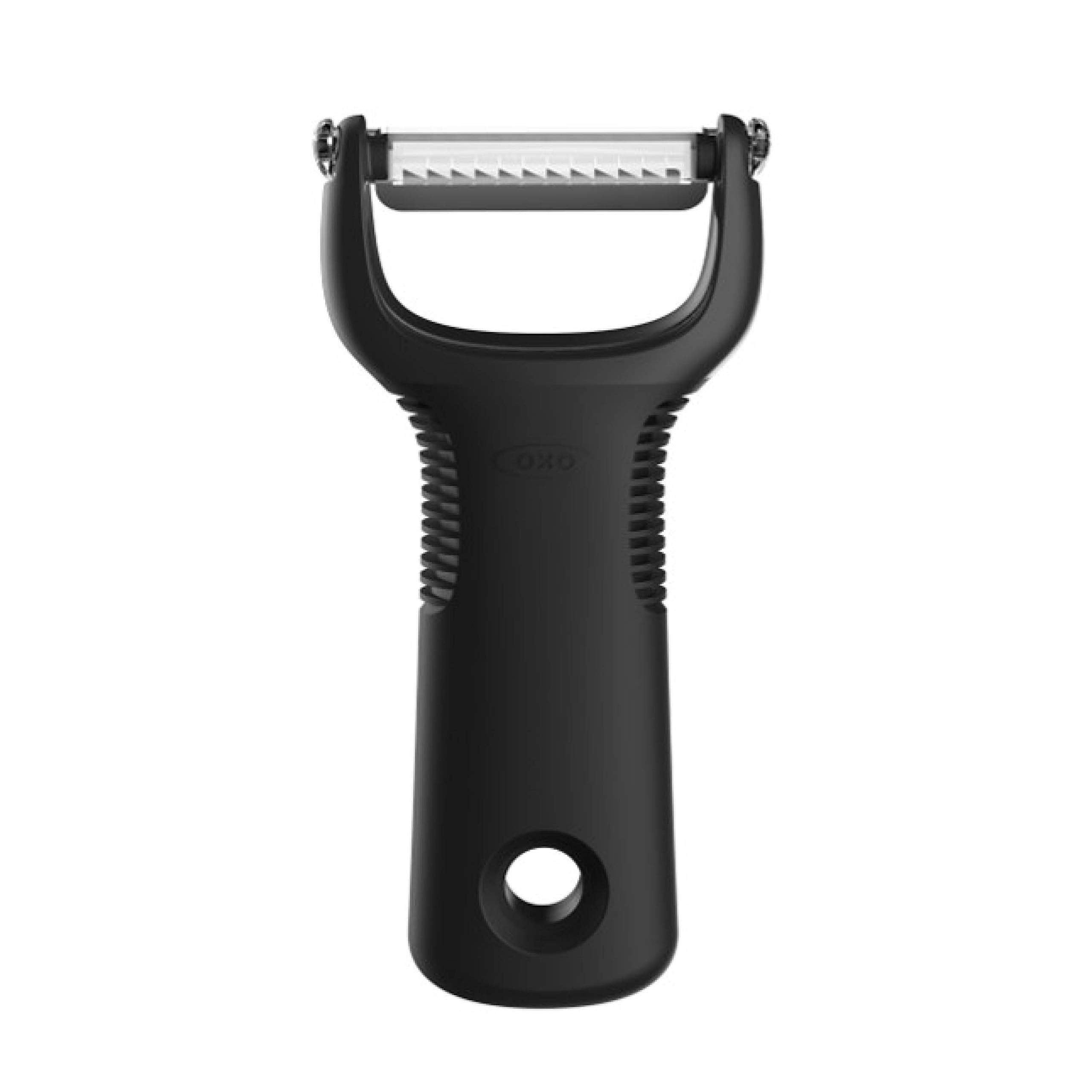 OXO Good Grips Julienne Peeler close-up showing precise, safe peeling for garnishes