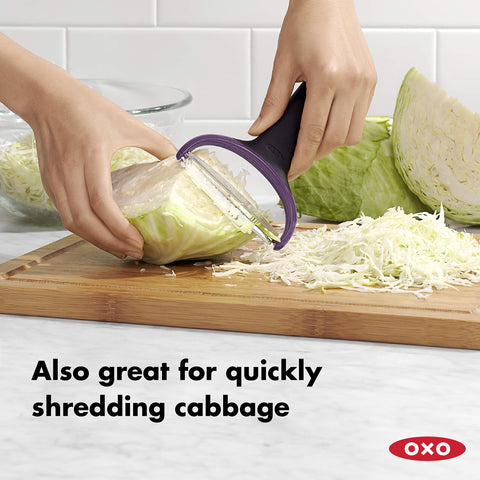 OXO Y-Prep Peeler blade close angle shows durable rust-proof performance.