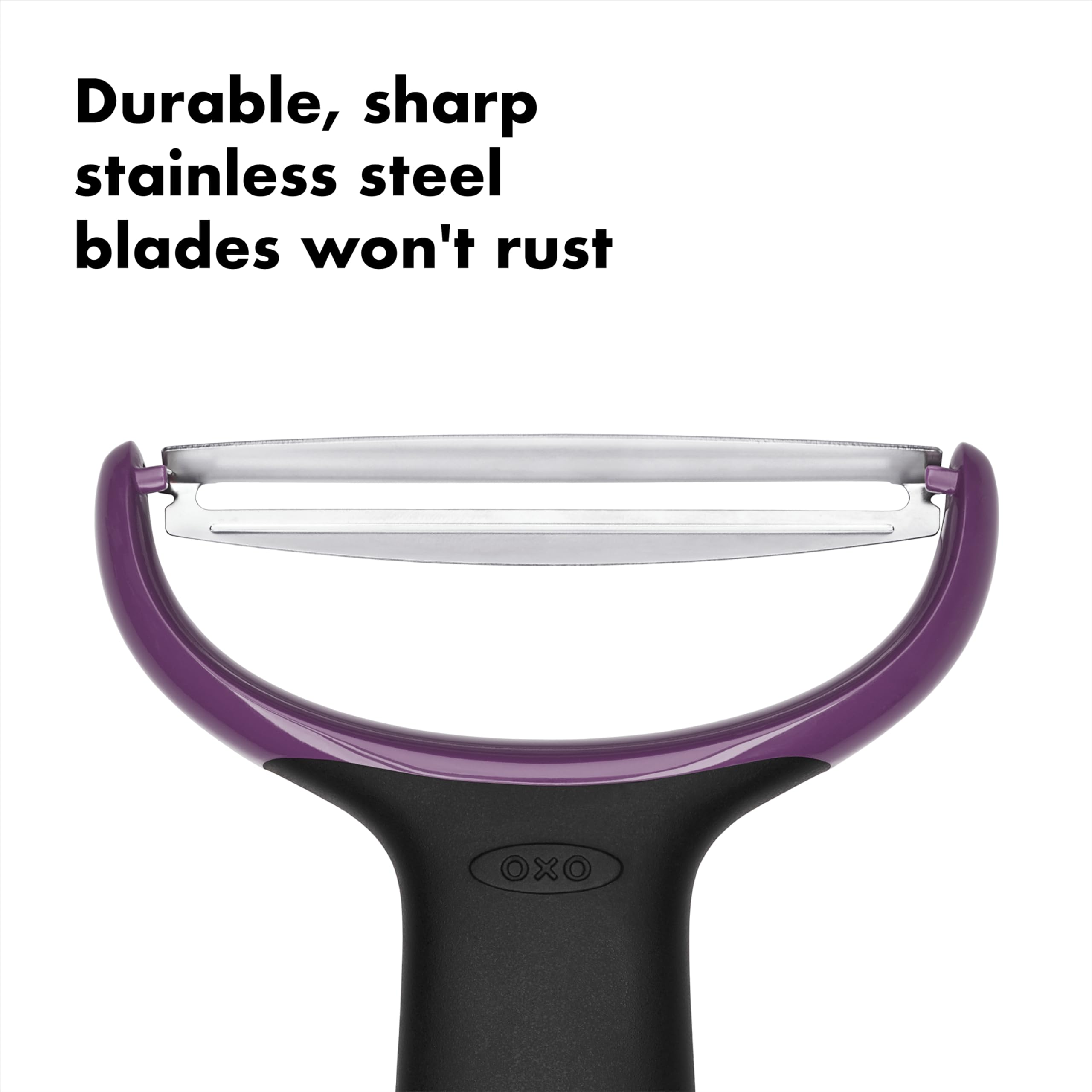 OXO Good Grips Y-Prep Peeler blade wide view demonstrates sharp Japanese stainless steel.