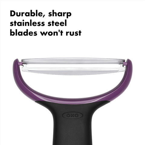 OXO Good Grips Y-Prep Peeler blade wide view demonstrates sharp Japanese stainless steel.