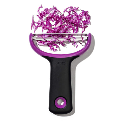 OXO Y-Prep Peeler used on eggplant for smooth, thin-skin removal.